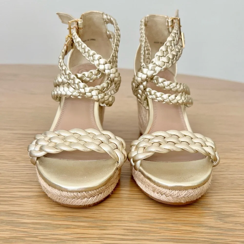 Tory Burch Bailey Metallic Leather Braid Espadrille Wedge Platform Sandals Gold - Picture 5 of 15